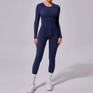 Deep Navy Blue Jumpsuit with Stretchy Fit and Full-Length Design